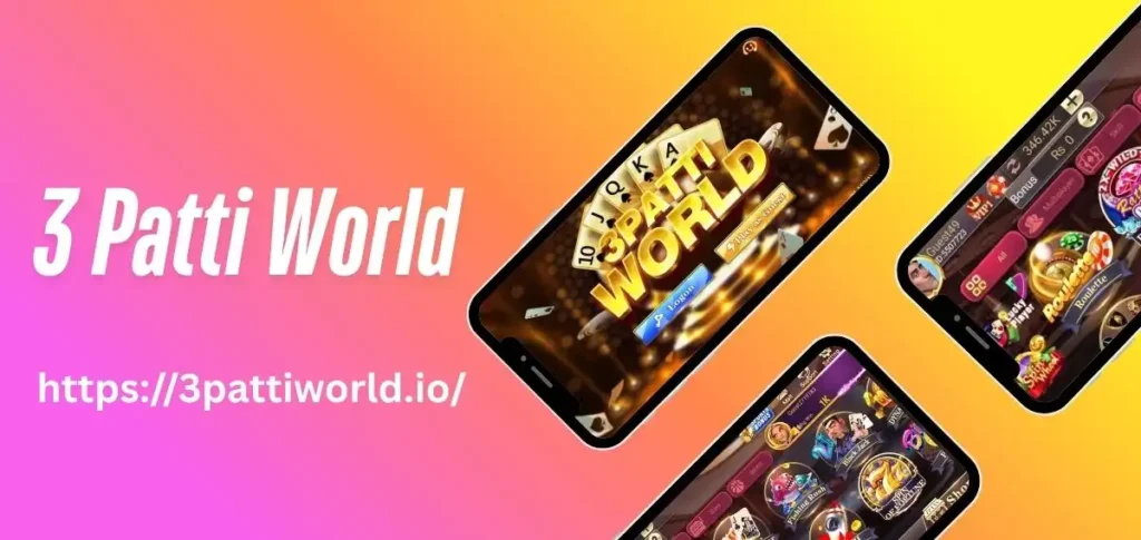 3 Patti World app interface with login screen and game icons on mobile phones